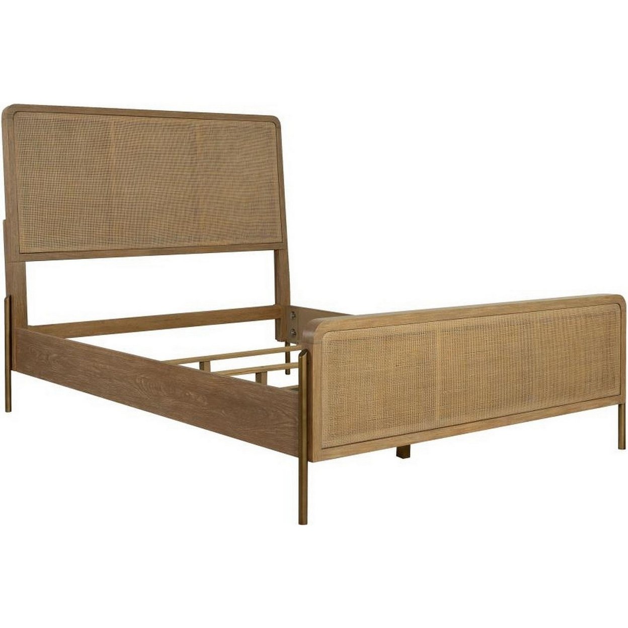 Sea Wood Queen Size Bed With Woven Cane Design, Open Panel, 4 Slats, Brown- Saltoro Sherpi