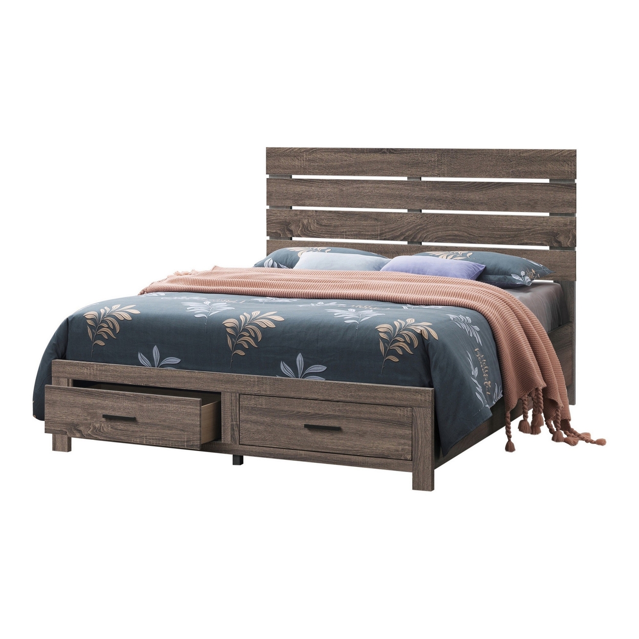 Ach Wood Queen Storage Bed With 2 Drawers, Plank Style Headboard, Brown- Saltoro Sherpi