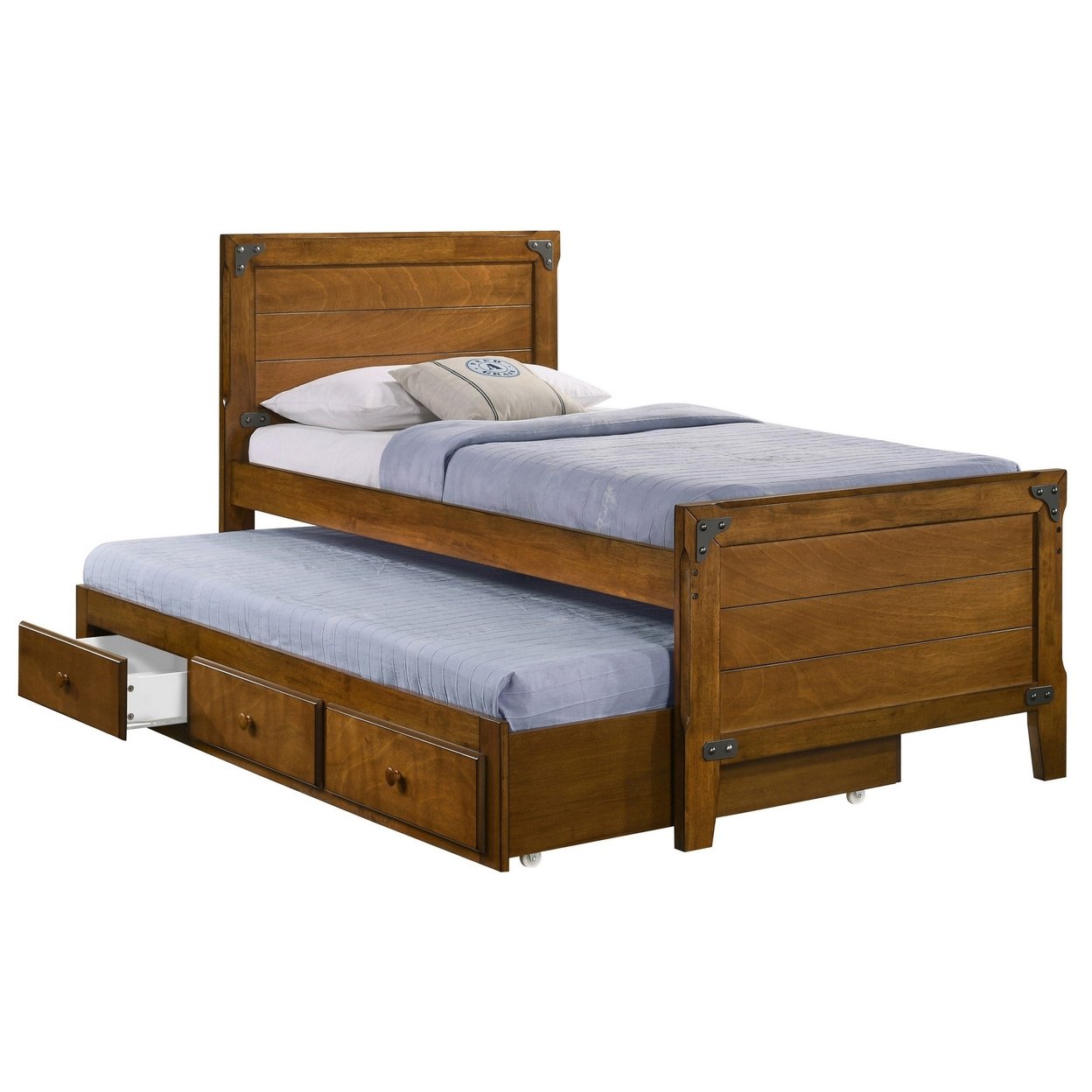 Twin Captains Bed With 3 Drawer Trundle, Plank Headboard, Honey Brown Wood- Saltoro Sherpi