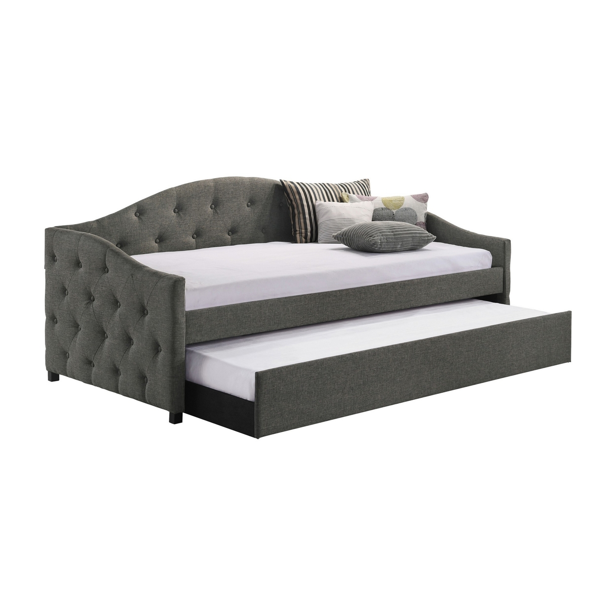 Mosh Twin Daybed With Trundle, Camel Back, Button Tufted, Gray Upholstery- Saltoro Sherpi