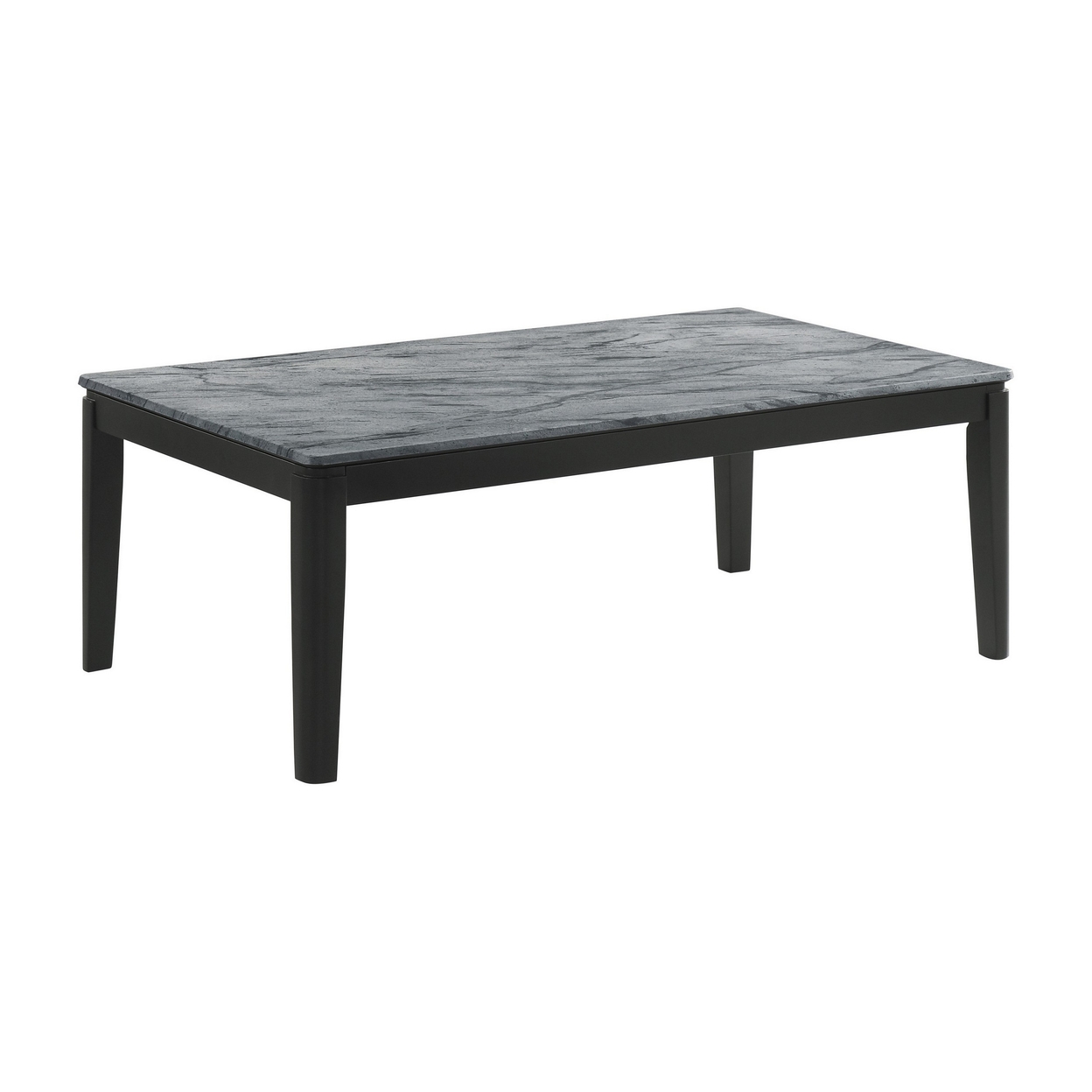 Kyo 47 Inch Coffee Table, Gray Faux Marble Top, Sandy Texturing, Black Legs- Saltoro Sherpi