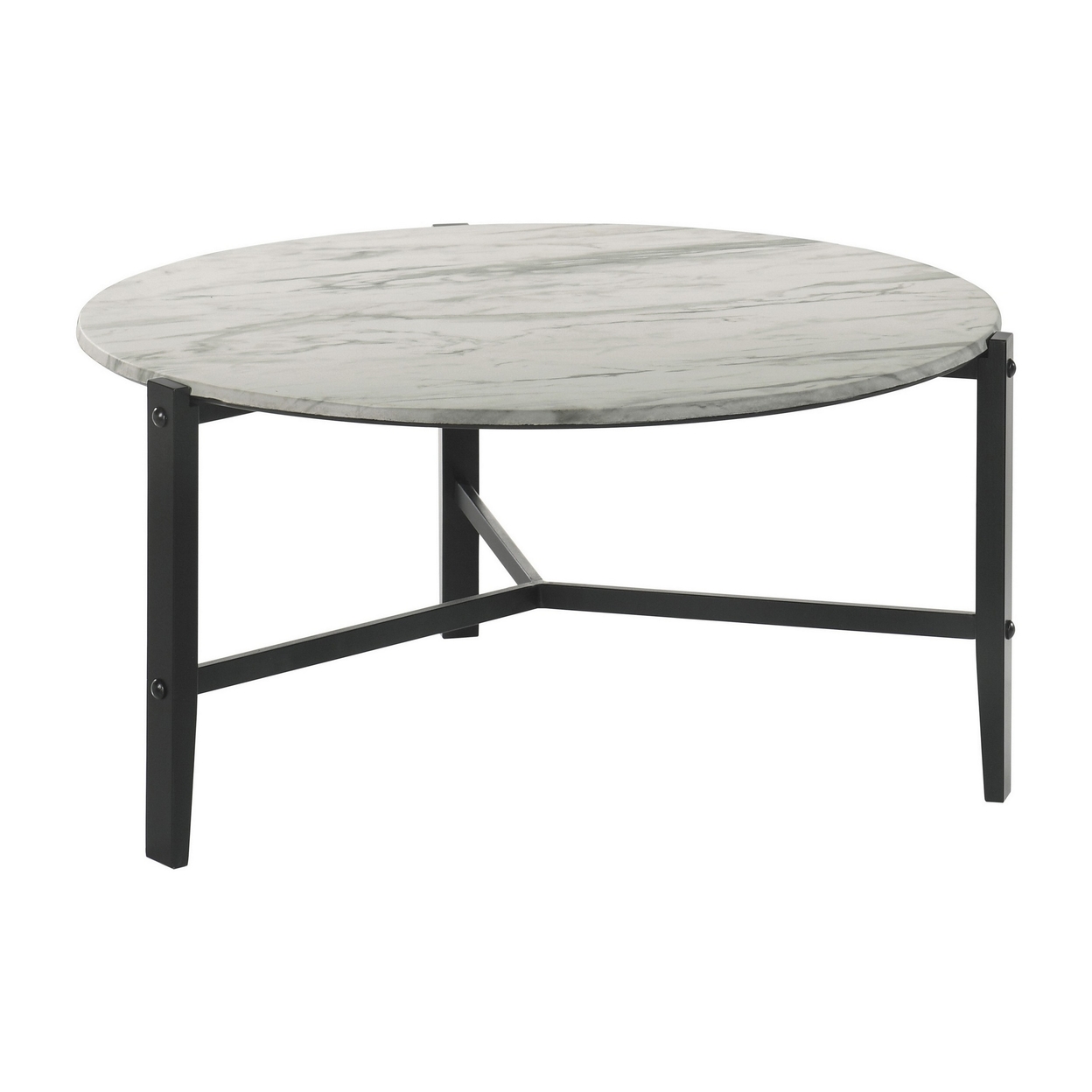 Zuko 36 Inch Round Coffee Table, White Faux Marble Design, Interlocked Legs- Saltoro Sherpi
