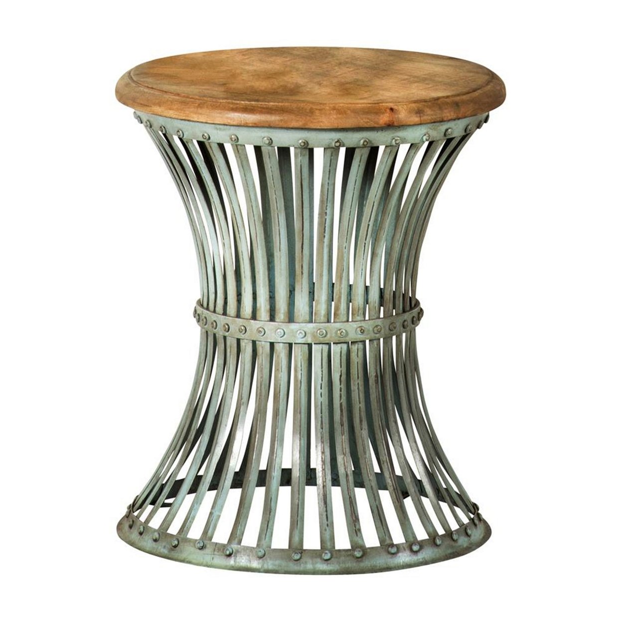 24 Inch Wood Round Accent Table With Hourglass Metal Base, Distressed Blue - Saltoro Sherpi