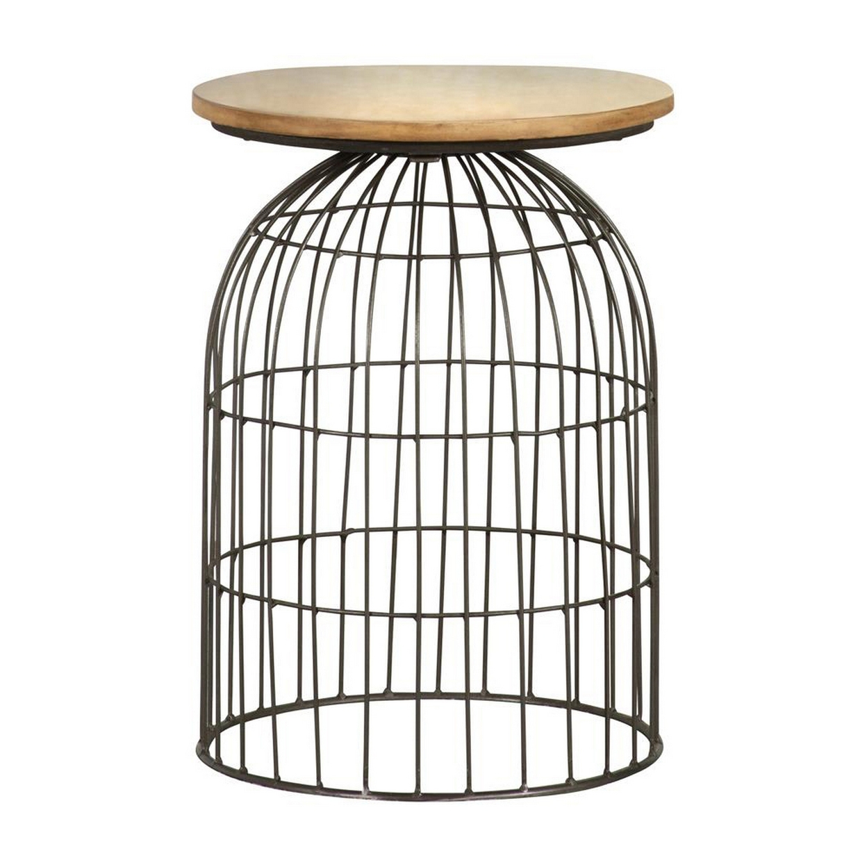 21 Inch Round Accent Table With Bird Cage Style Base, Beige Marble, Black- Saltoro Sherpi
