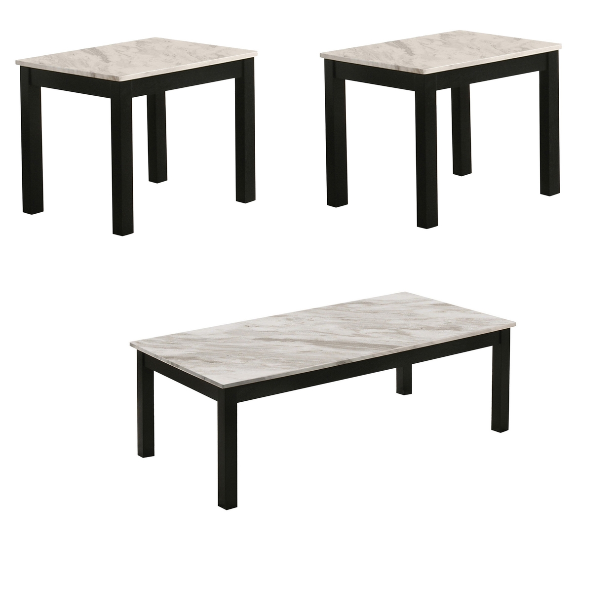 3 Piece Coffee Table And End Table Set, Faux Marble Surface, Black Legs- Saltoro Sherpi