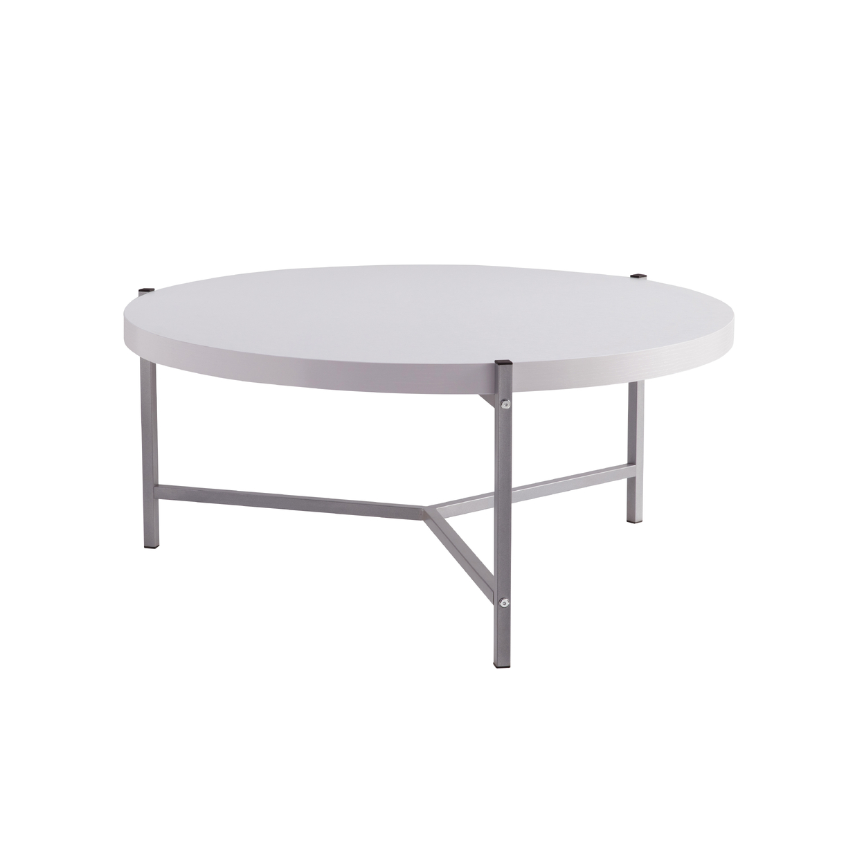 Wib 37 Inch Round Coffee Table, Sturdy Metal Frame, Silver Base, White- Saltoro Sherpi