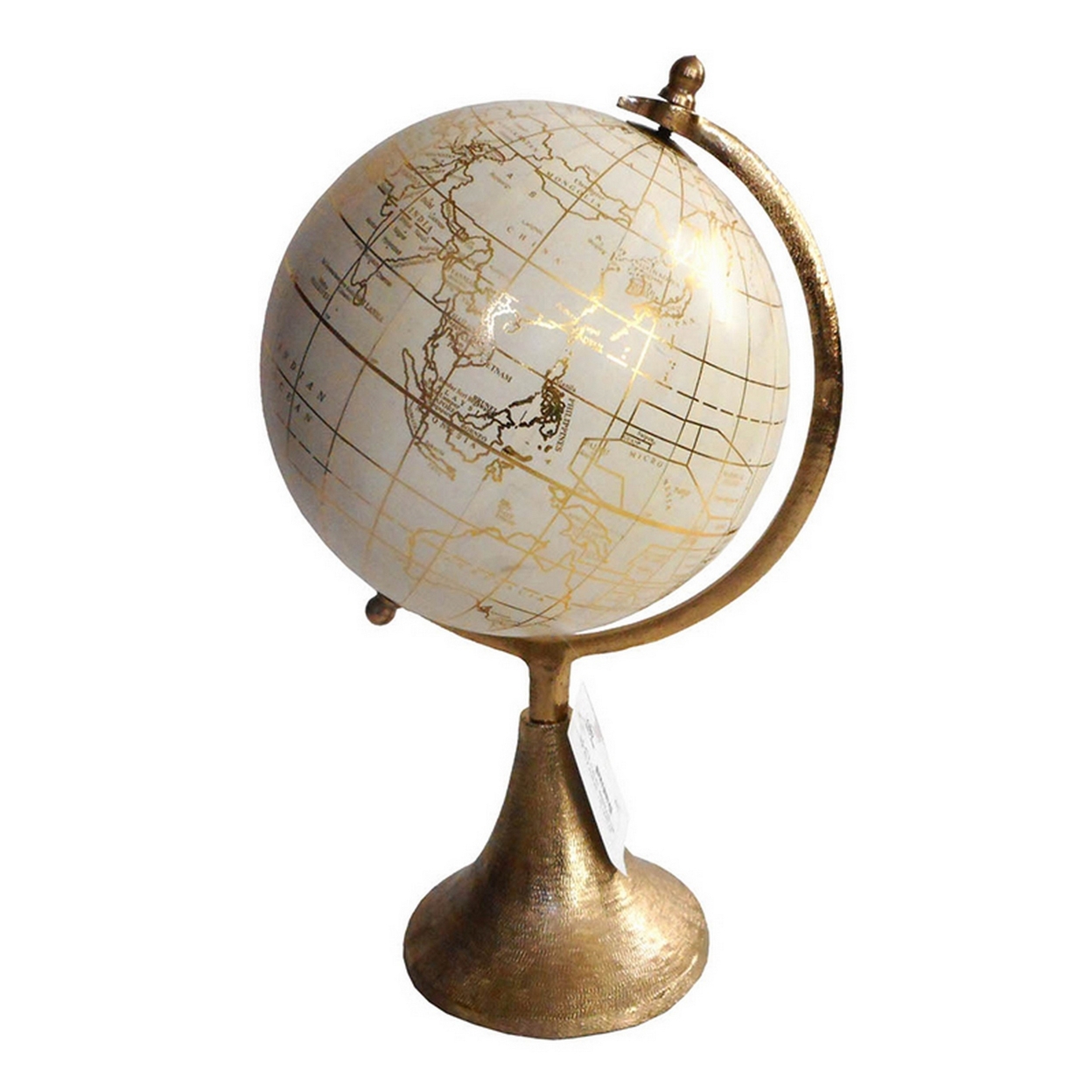 15 Inch Modern Accent Globe, Smooth Turning, White With Gold Aluminum Stand- Saltoro Sherpi