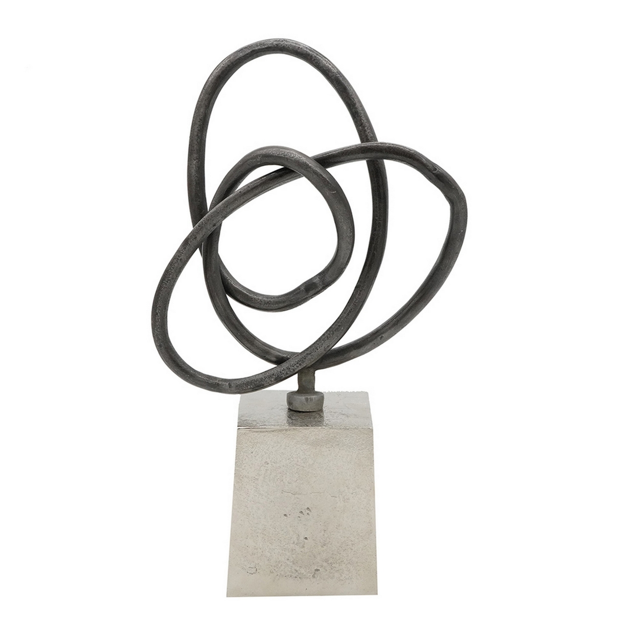 9 Inch Table Sculpture, Abstract Loop Design, Block Base, Black, Silver- Saltoro Sherpi