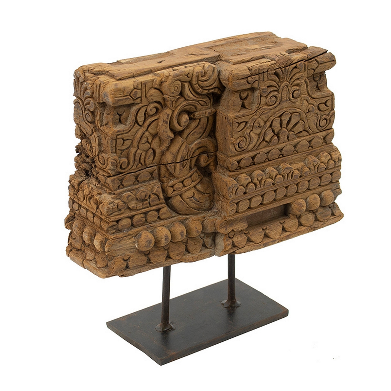 13 Inch Decorative Carved Tabletop Sculpture, Brown Wood, Black Metal Base- Saltoro Sherpi