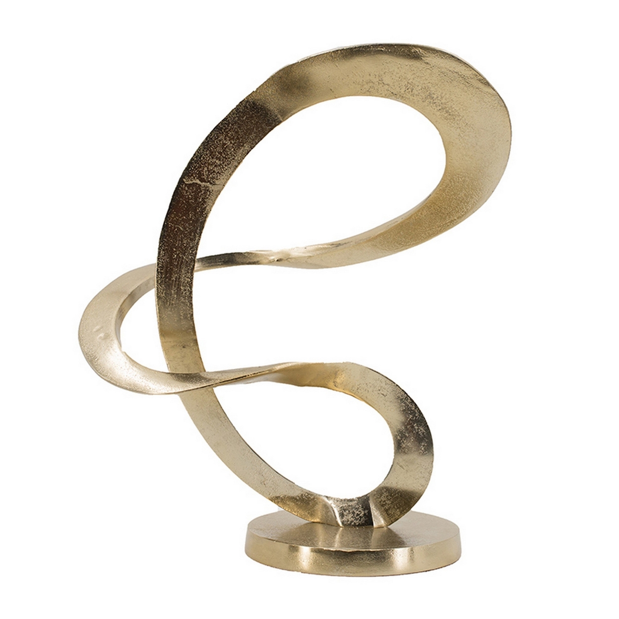 17 Inch Modern Sculpture, Gold Aluminum, Tabletop Decor Loop, Round Base- Saltoro Sherpi