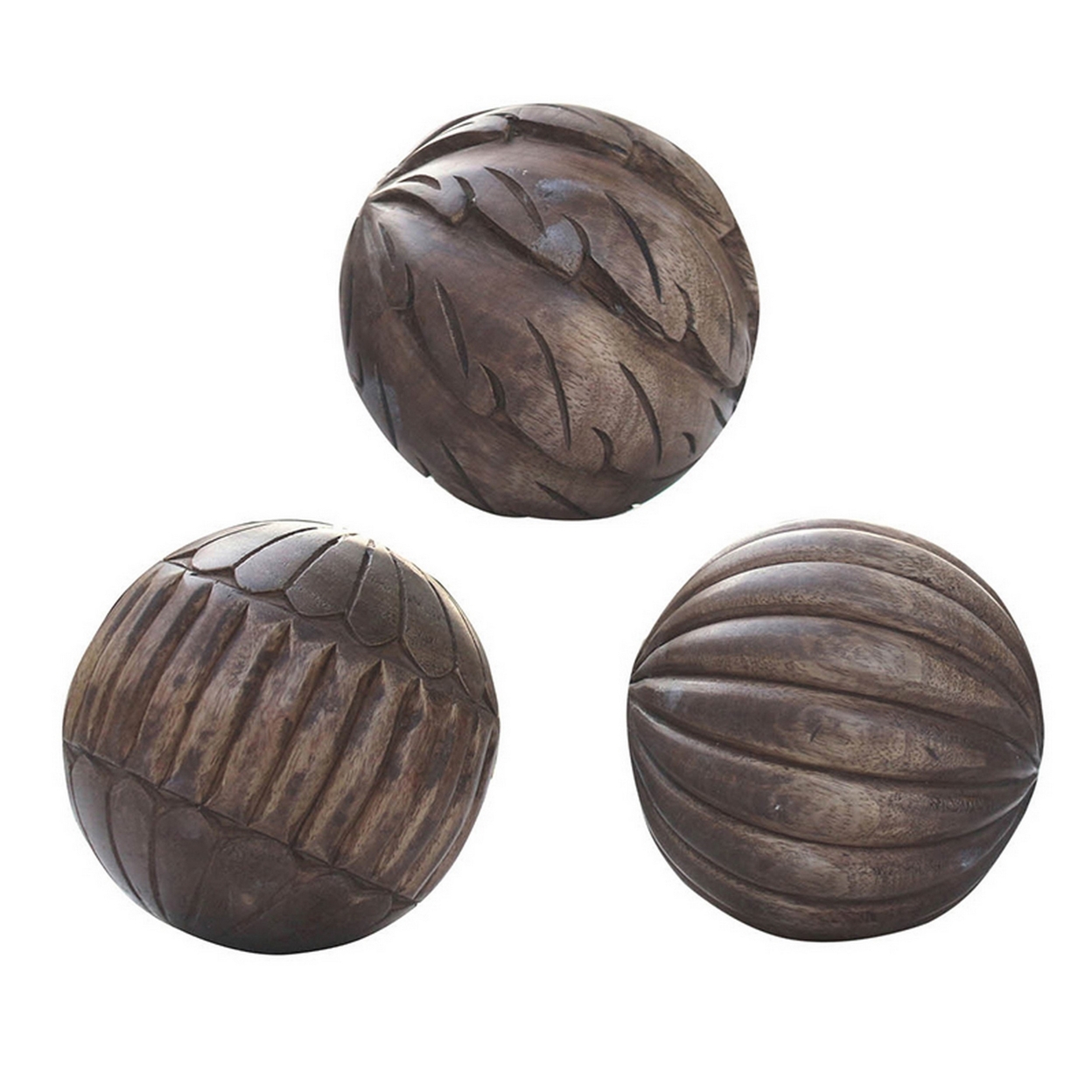 5 Inch Decorative Spheres, Set Of 3 Balls, Carved Texture Mango Wood, Brown- Saltoro Sherpi