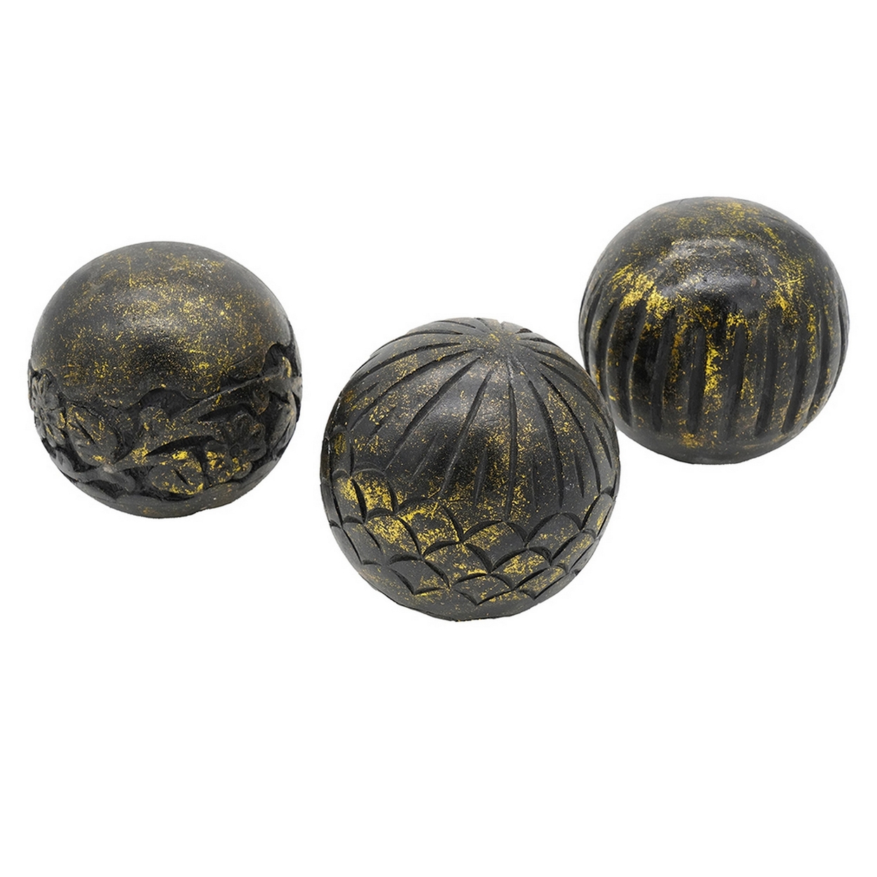 Set Of 3 Decorative Tabletop Round Balls, Carved Mango Wood, Black, Yellow- Saltoro Sherpi