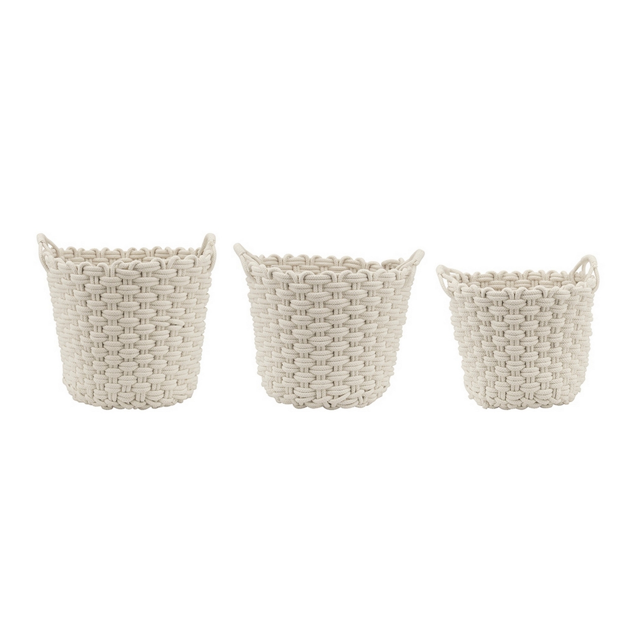 Set Of 3 Baskets, Woven Rope Design, Cotton And Polyester Fabric, White- Saltoro Sherpi