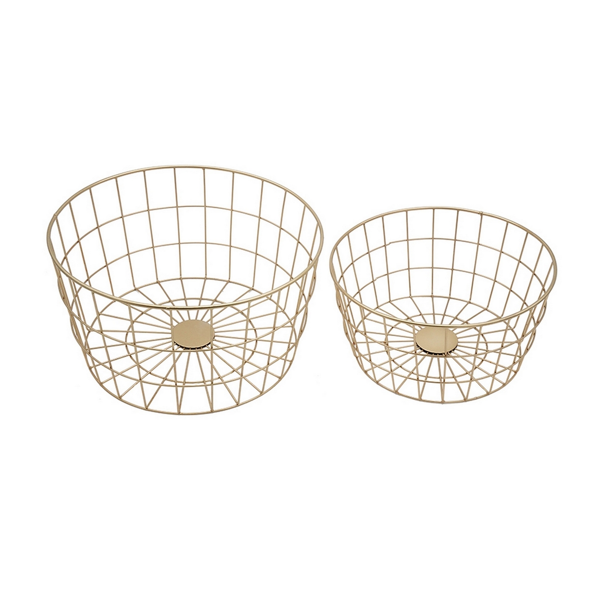Set Of 2 Modern Round Decorative Iron Baskets, Mesh Design, Gold- Saltoro Sherpi