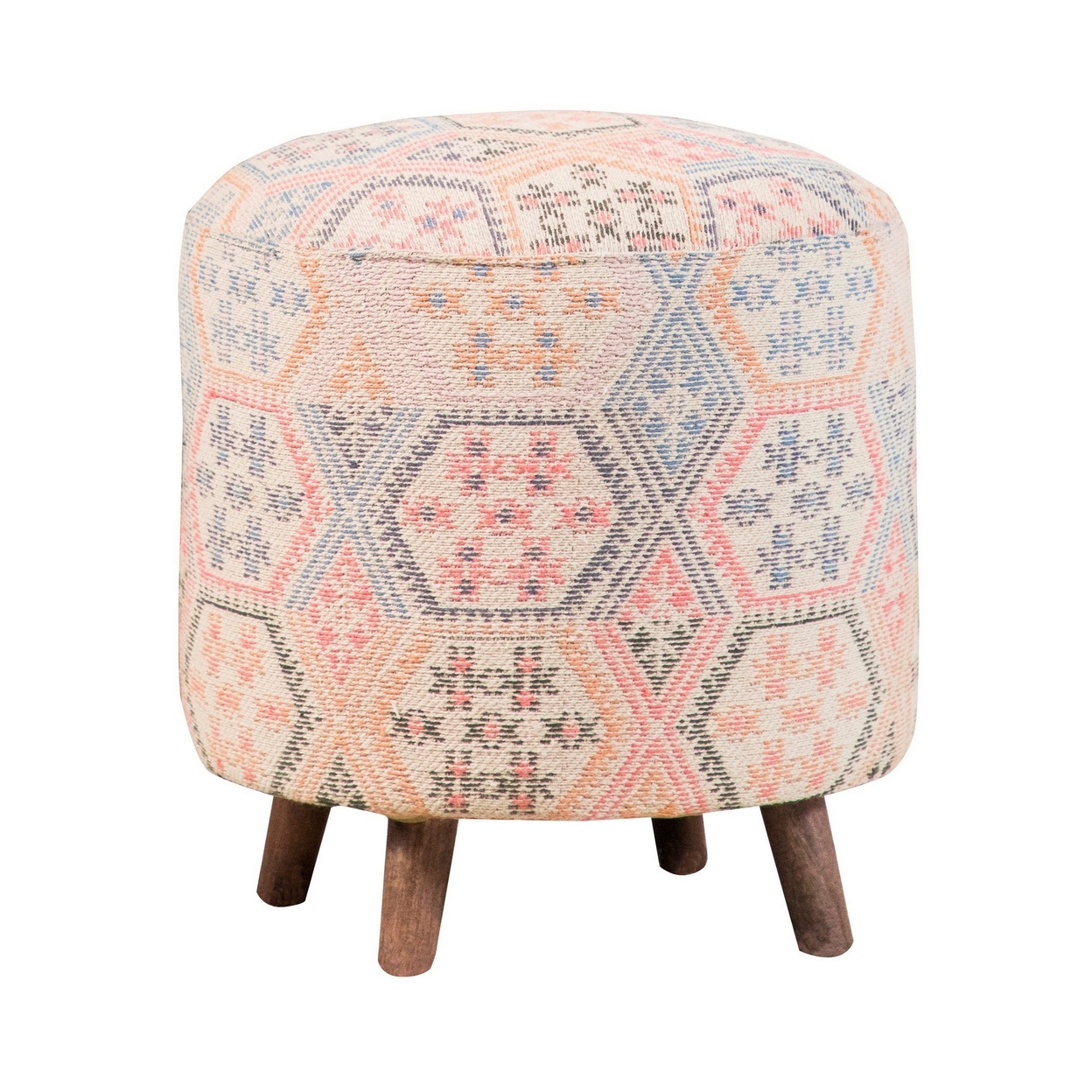18 Inch Bohemian Style Wood Accent Stool With Multicolor Woven Upholstery- Saltoro Sherpi