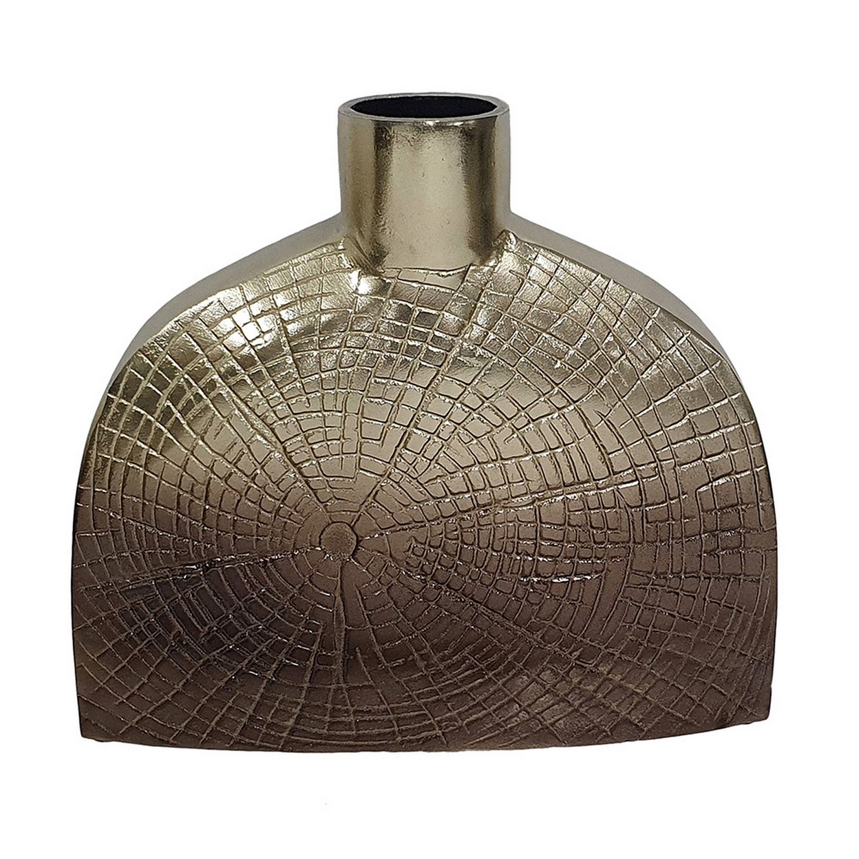 Pece 12 Inch Aluminum Decorative Vase, Webbed Design, Square Base, Gold- Saltoro Sherpi