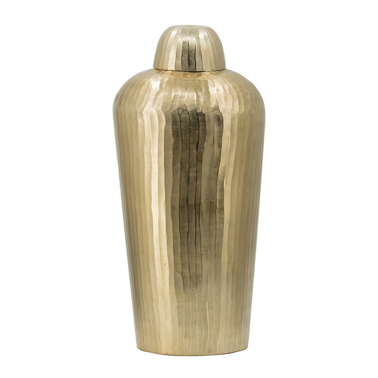 22 Inch Lidded Vase Jar, Tall Curved Silhouette, Hammered Texture, Gold- Saltoro Sherpi