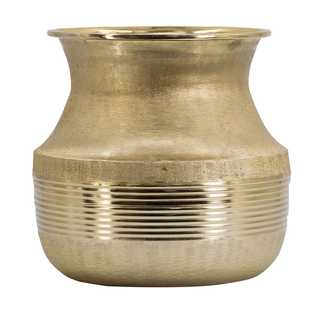 Riva 12 Inch Reeded Aluminum Pot Vase, Bright Gold, Flared Bottleneck- Saltoro Sherpi