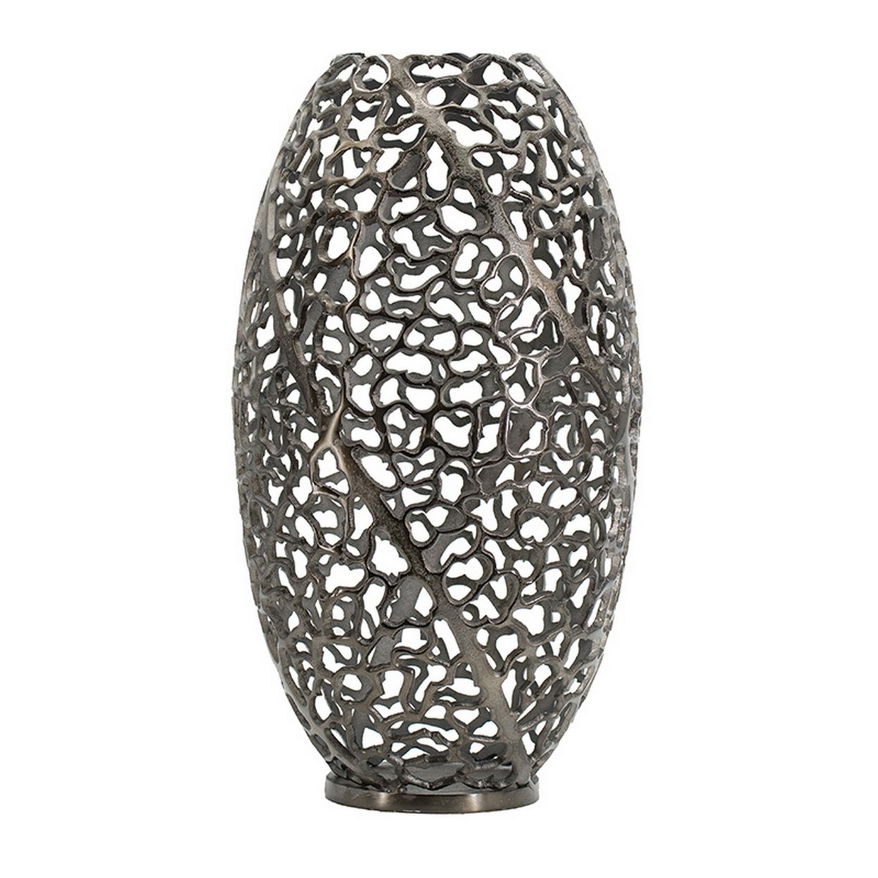 14 Inch Aluminum Accent Vase, Tall Curved Cut Out Design, Intricate Details- Saltoro Sherpi