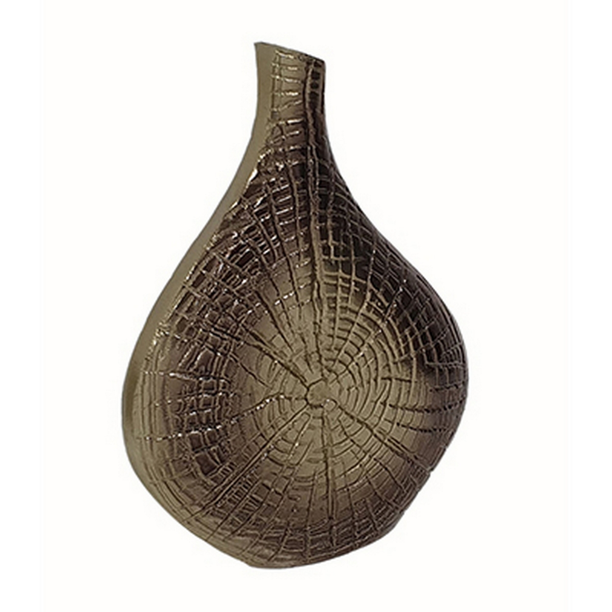 Zelo 11 Inch Decorative Vase, Aluminum, Webbed Design, Bottleneck, Gold- Saltoro Sherpi