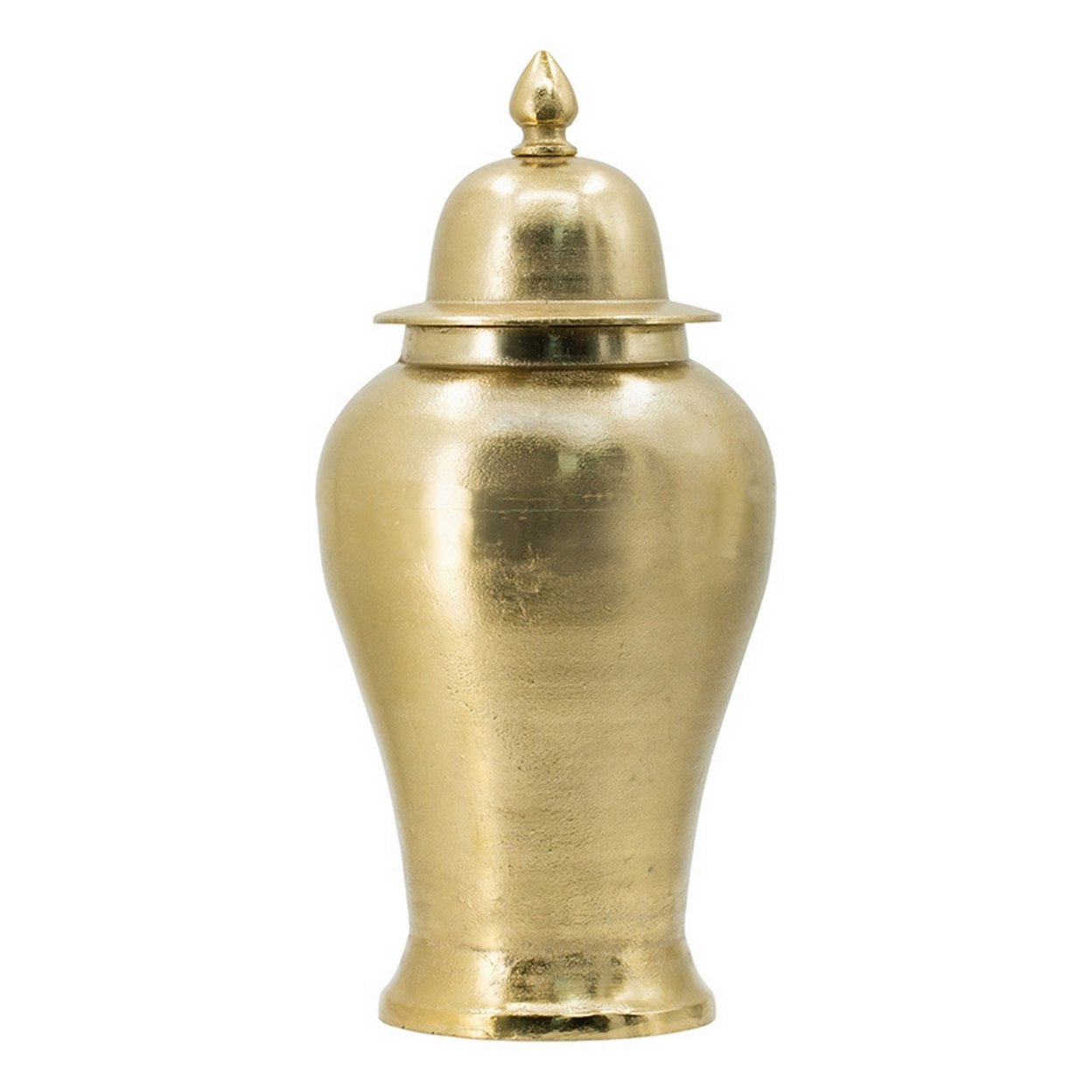 21 Inch Lidded Vase Urn, Finial Accent, Brilliant Gold Aluminum Finish- Saltoro Sherpi