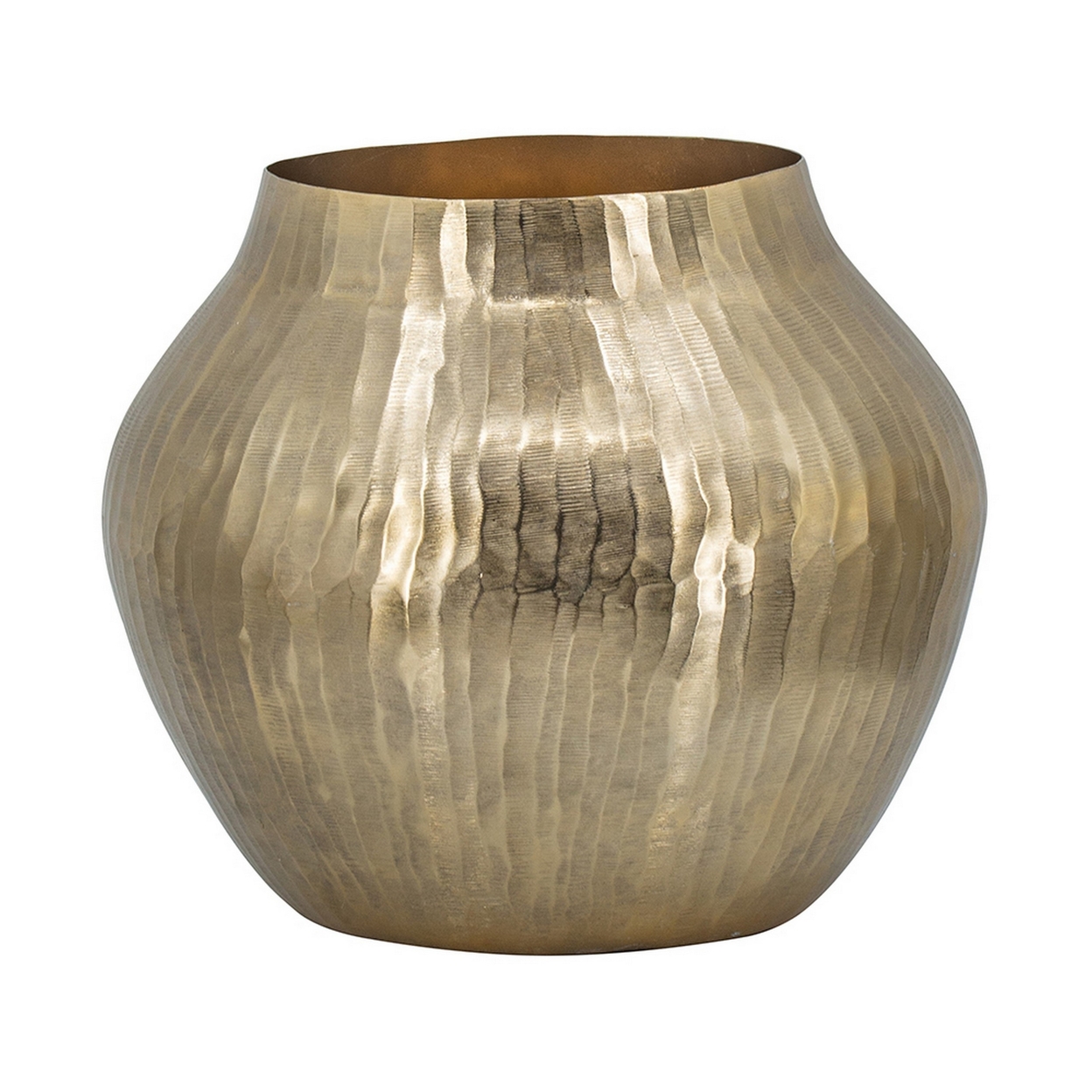 Kria 13 Inch Modern Vase, Curved Shape, Hammered Texture, Gold Metal Finish- Saltoro Sherpi