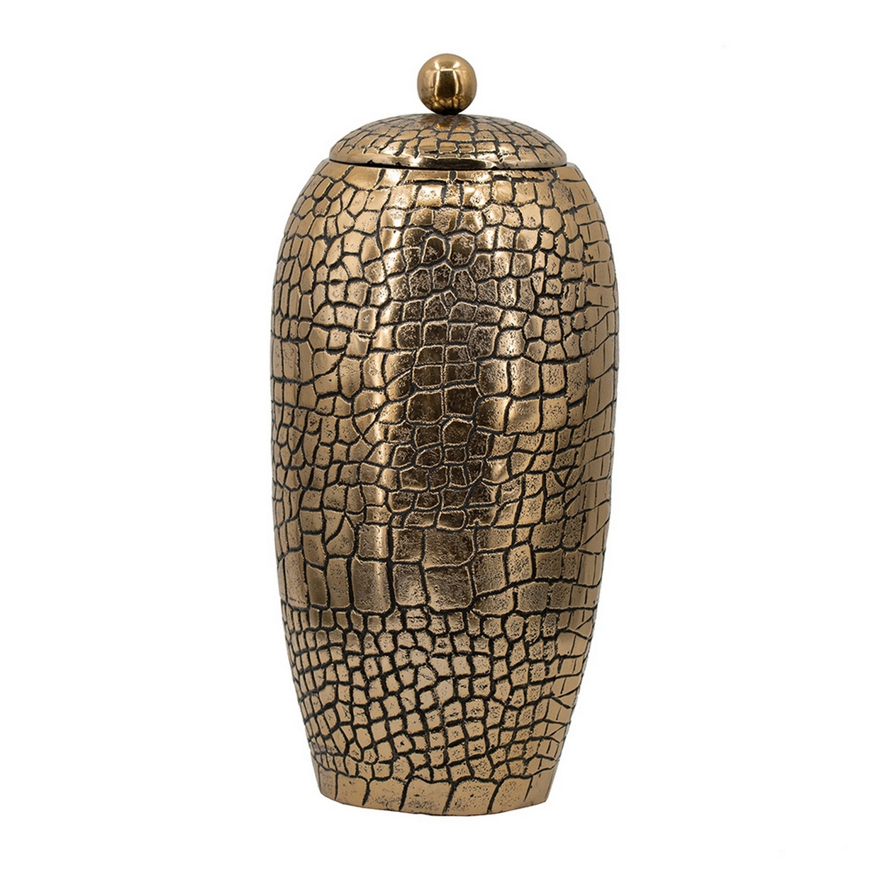 15 Inch Aluminum Urn, Lidded Top, Hammered Texture, Antique Gold Finish- Saltoro Sherpi