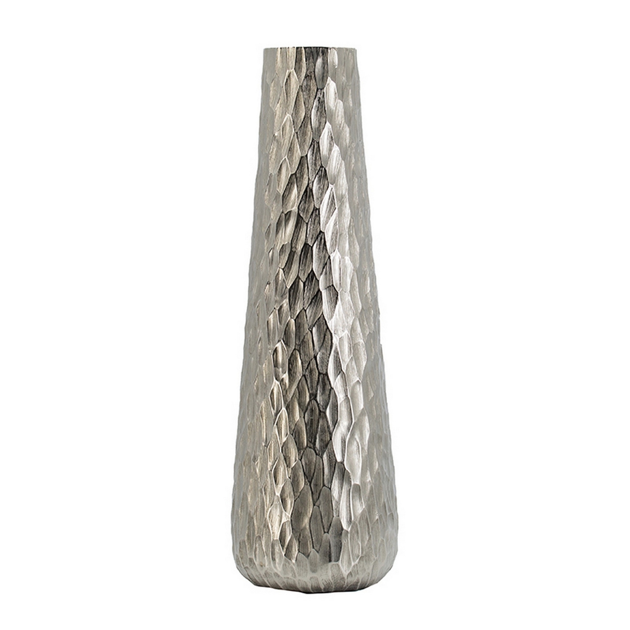 23 Inch Tall Oblong Vase, Diamond Textured, Tapered, Aluminum, Silver- Saltoro Sherpi