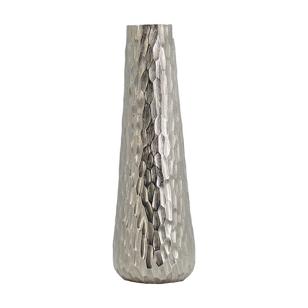 19 Inch Contemporary Tall Oblong Vase, Silver Aluminum, Hammered Texture- Saltoro Sherpi