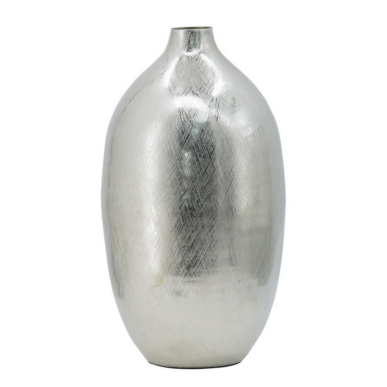 19 Inch Decorative Vase, Aluminum, Narrow Mouth, Metallic Silver Finish- Saltoro Sherpi