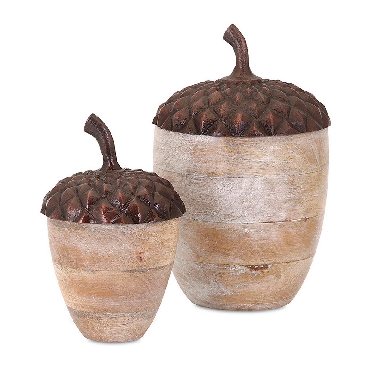 Set Of 2 Decorative Acorn Vase Jars, Wood Body, Aluminum Caps, Rich Brown- Saltoro Sherpi