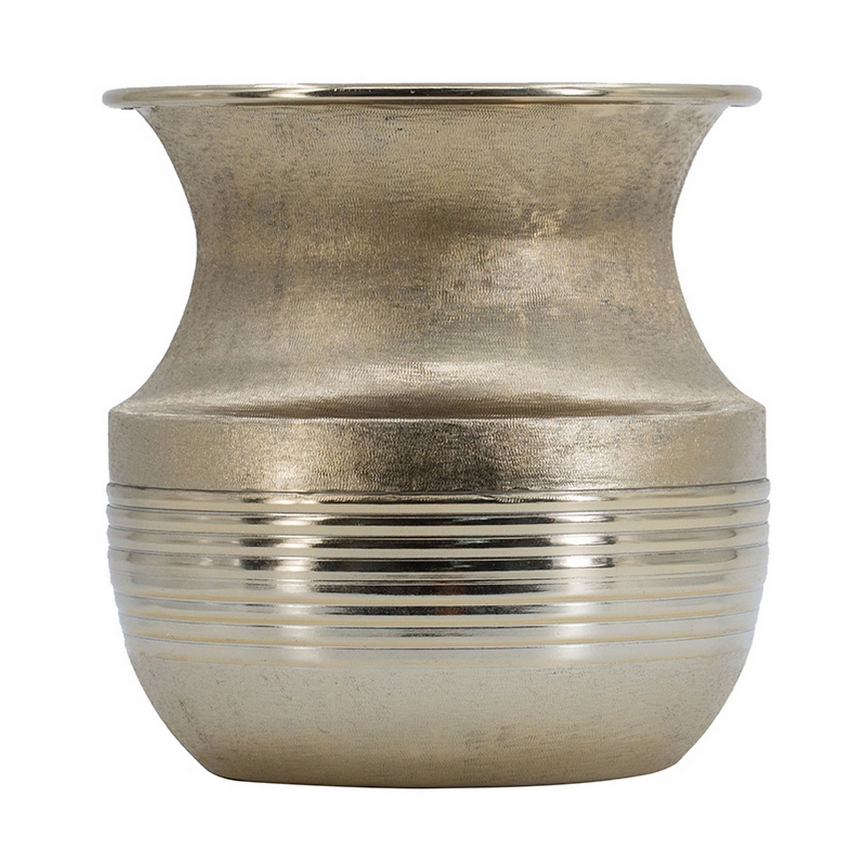 Riva 9 Inch Reeded Aluminum Pot Vase, Bright Gold Finish, Flared Bottleneck- Saltoro Sherpi
