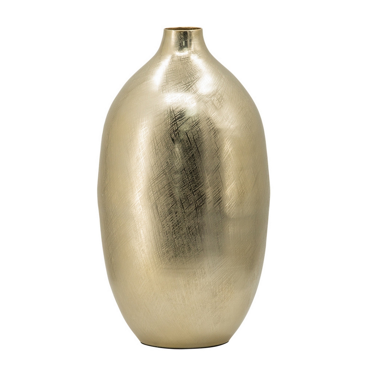 Pansy 19 Inch Modern Vase, Metal, Tall Curved Bottleneck Shape, Gold Finish- Saltoro Sherpi