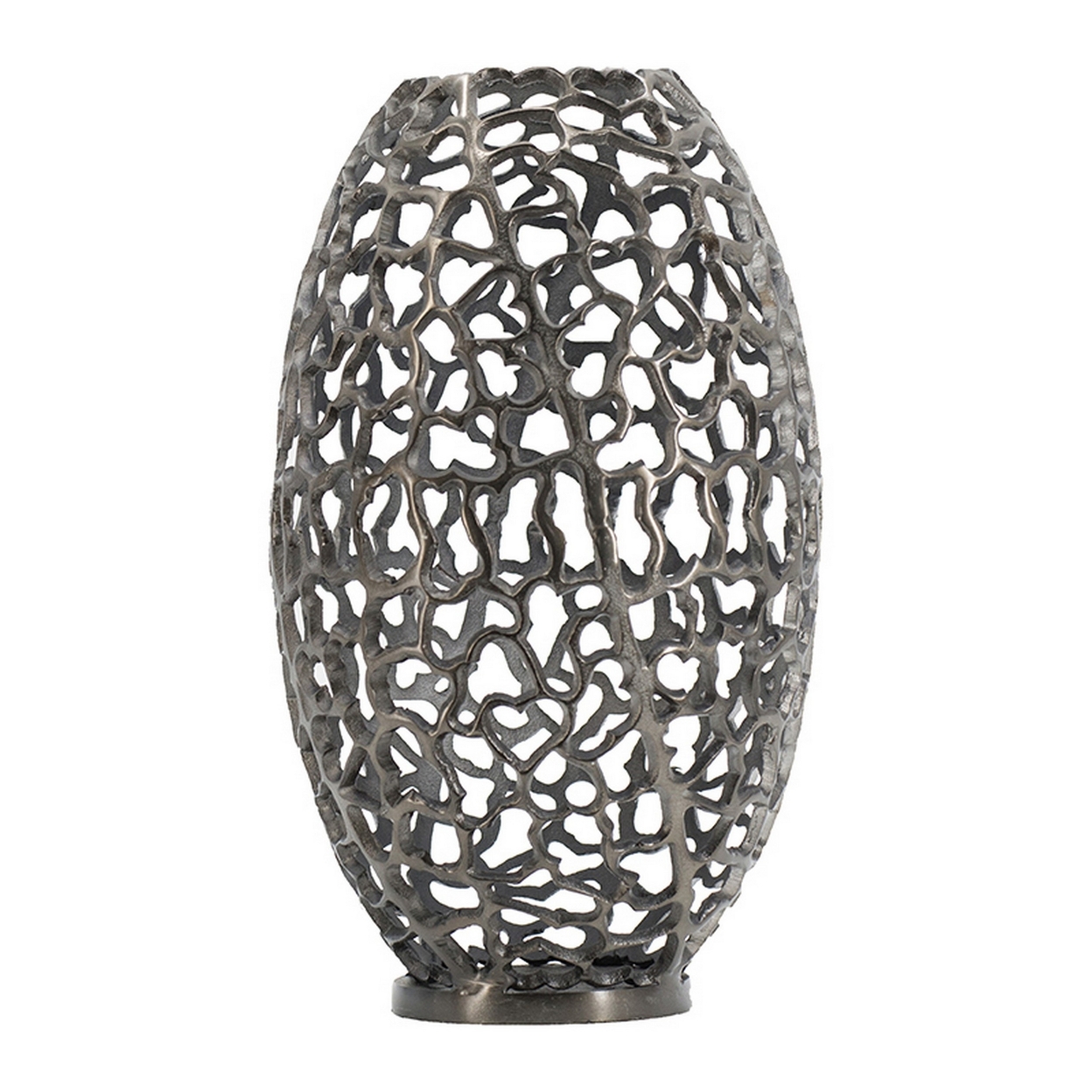 19 Inch Decorative Round Barrel Vase, Cutout Motif, Smoke Black Aluminum- Saltoro Sherpi
