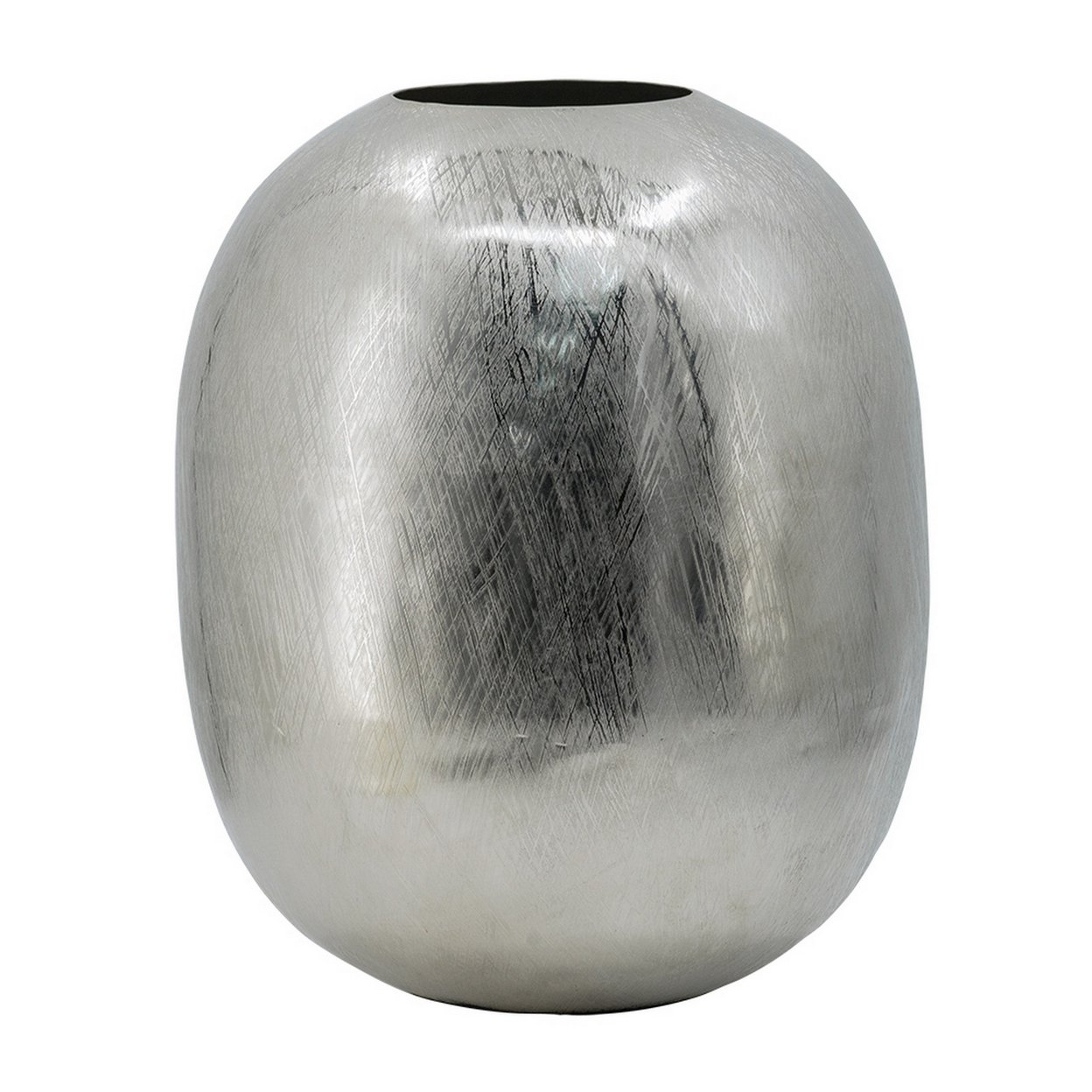 Chan 13 Inch Modern Metal Vase, Curved Round Shape, Metallic Silver Finish- Saltoro Sherpi
