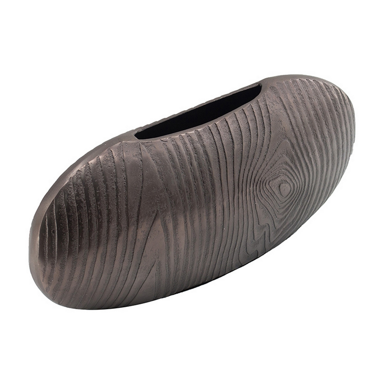 18 Inch Slim Oval Disc Decorative Vase, Wood Texturing, Gray Aluminum - Saltoro Sherpi