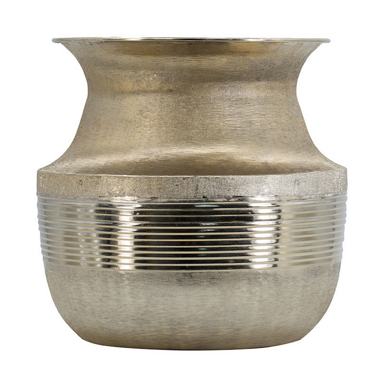 14 Inch Decorative Aluminum Pot, Ribbed Details, Wide Mouth, Gold- Saltoro Sherpi