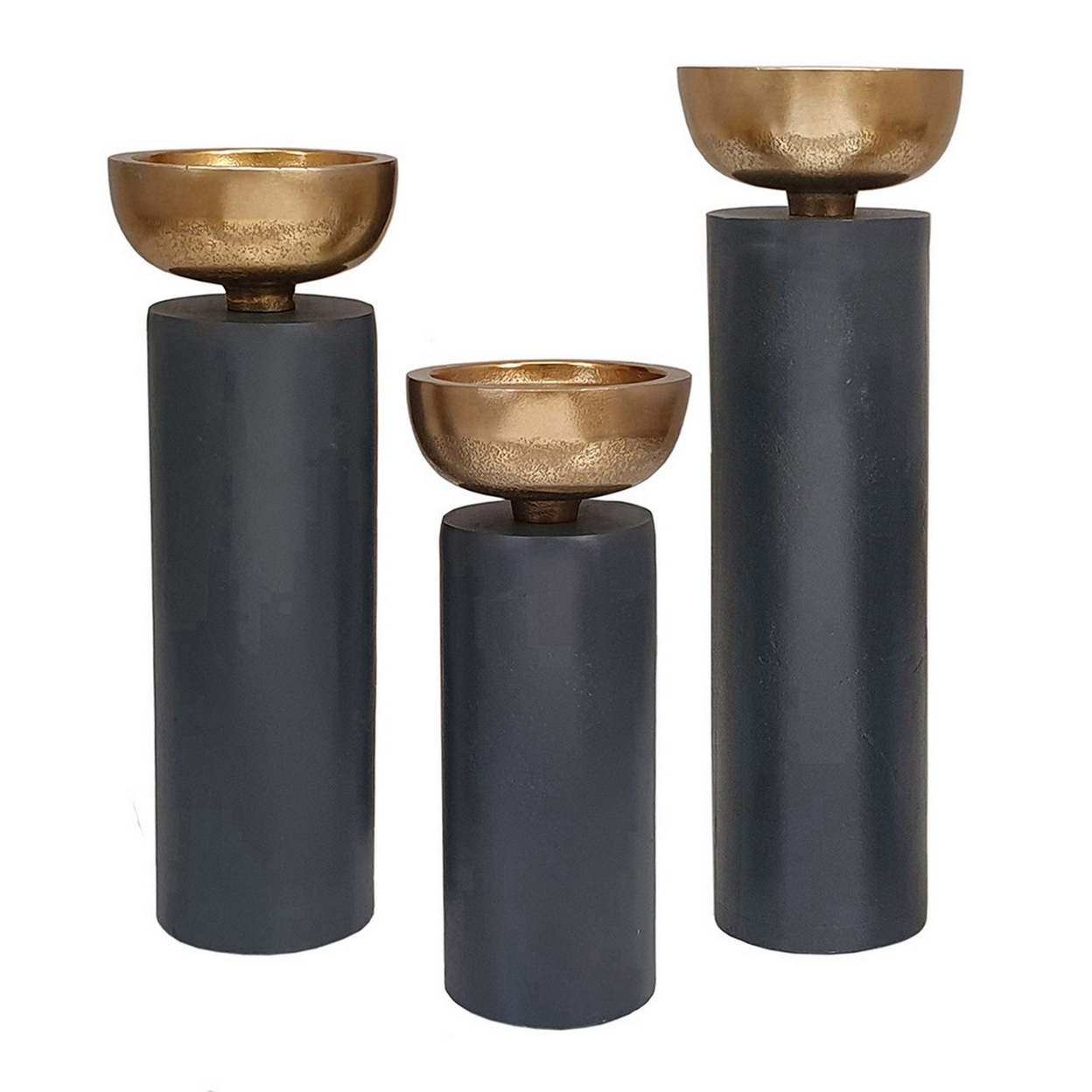 Set Of 3 Classic Elegant Pillar Candle Holders, Aluminum, Black, Gold- Saltoro Sherpi