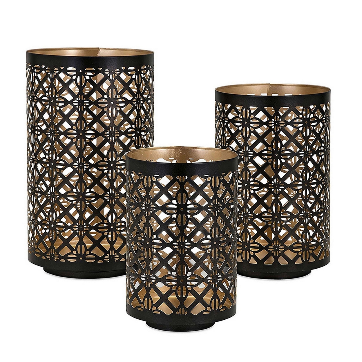 Set Of 3 Rounded Iron Candle Holder Lanterns, Matte Black Gold Latticework- Saltoro Sherpi