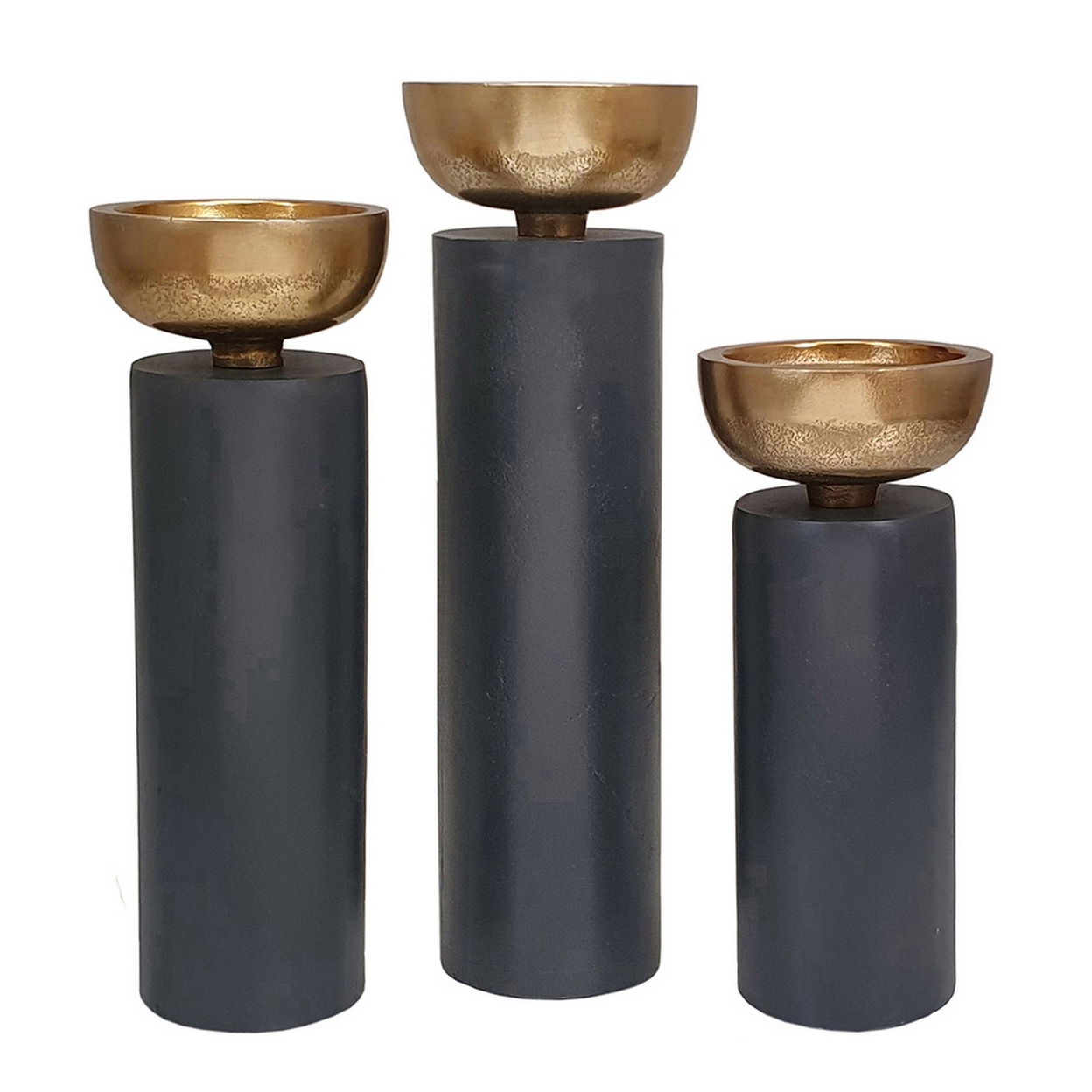 Set Of 3 Classic Elegant Pillar Candle Holders, Aluminum, Black, Gold- Saltoro Sherpi