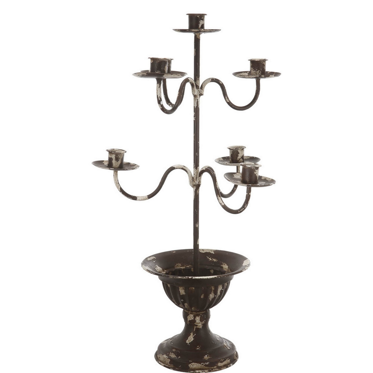 16 Inch Candle Holder With 7 Slots, Candelabra Style Distressed Brown Metal- Saltoro Sherpi