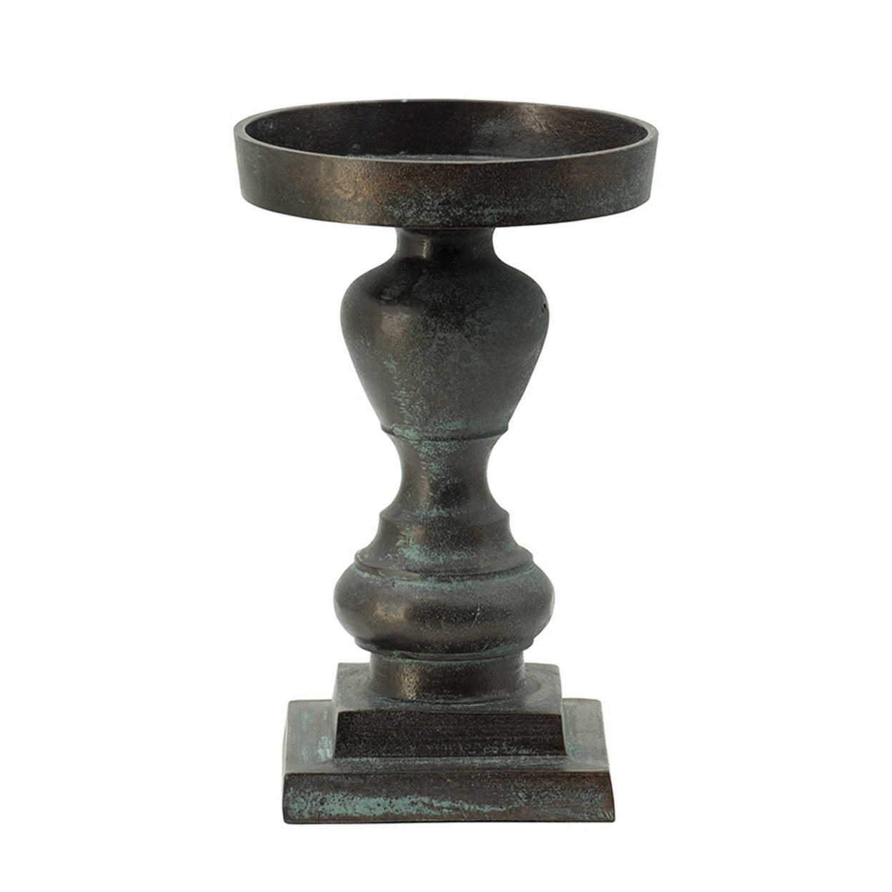 11 Inch Pillar Candle Holder, Turned Pedestal Style, Distressed Finish- Saltoro Sherpi