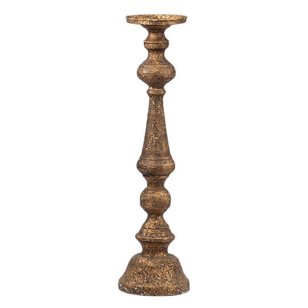 Mia 24 Inch Pillar Candle Holder, Antique Brass Metal, Turned Pedestal- Saltoro Sherpi
