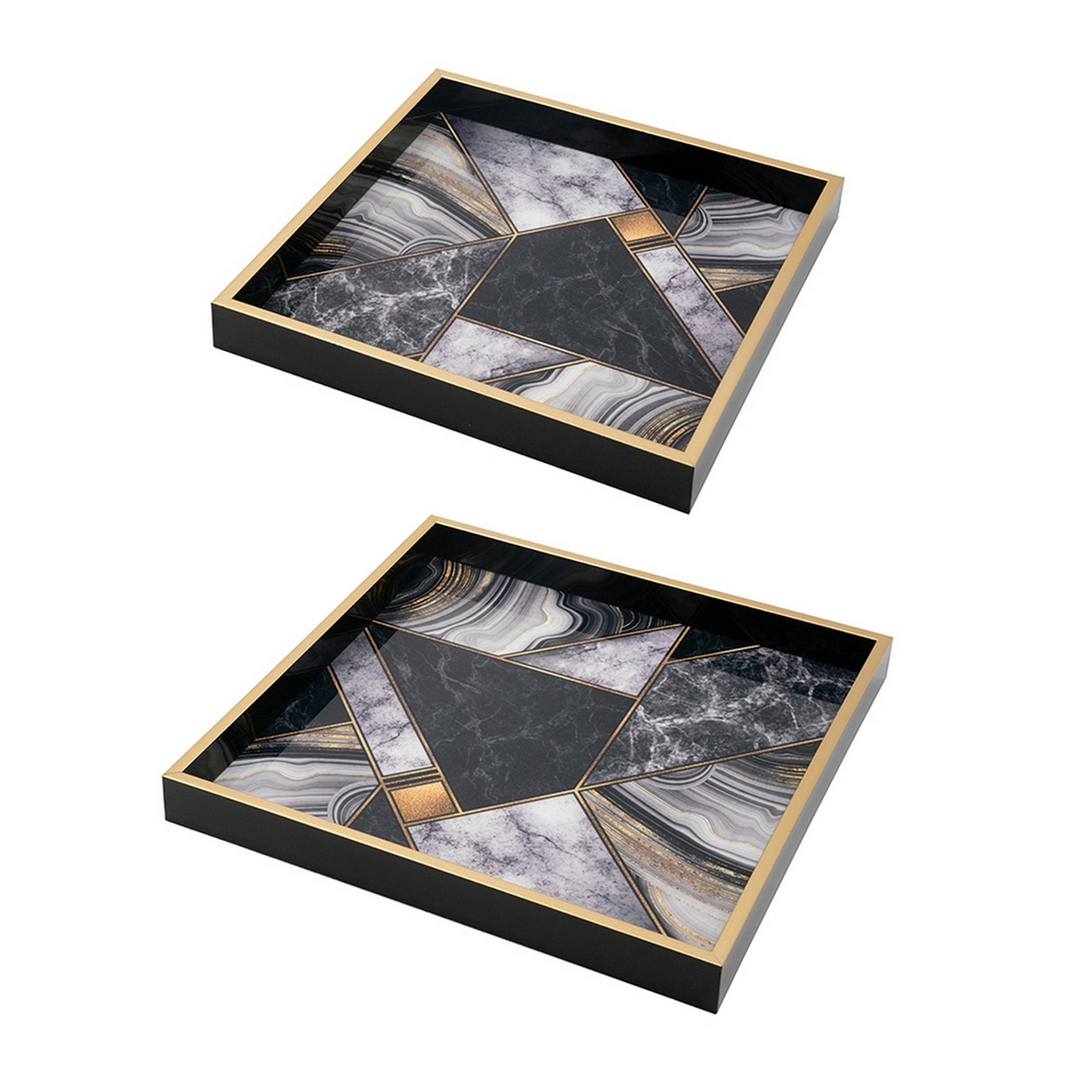 Set Of 2 Square Decorative Trays, MDF Frame, Artistic Geometric Print - Saltoro Sherpi