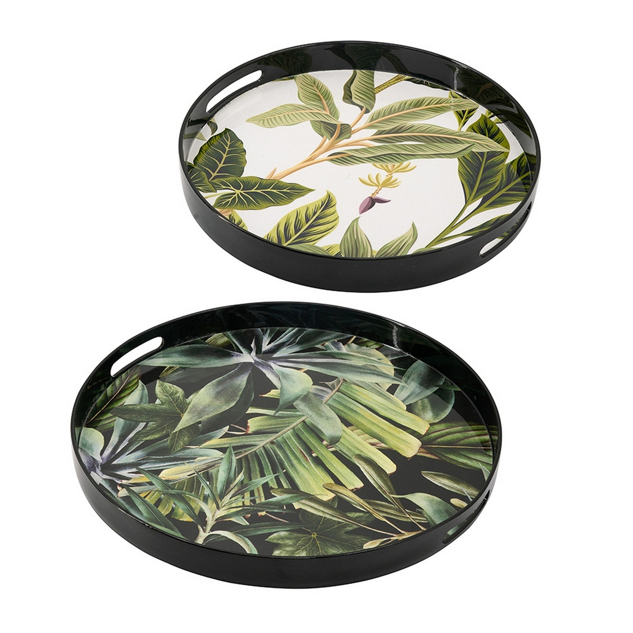Set Of 2 Decorative Trays, Black Plastic Frame, Lush Palm Leaf Printing- Saltoro Sherpi