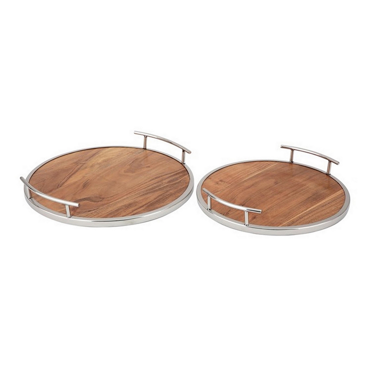 Set Of 2 Round Decorative Trays, Stainless Steel, Mango Wood Surfaces - Saltoro Sherpi