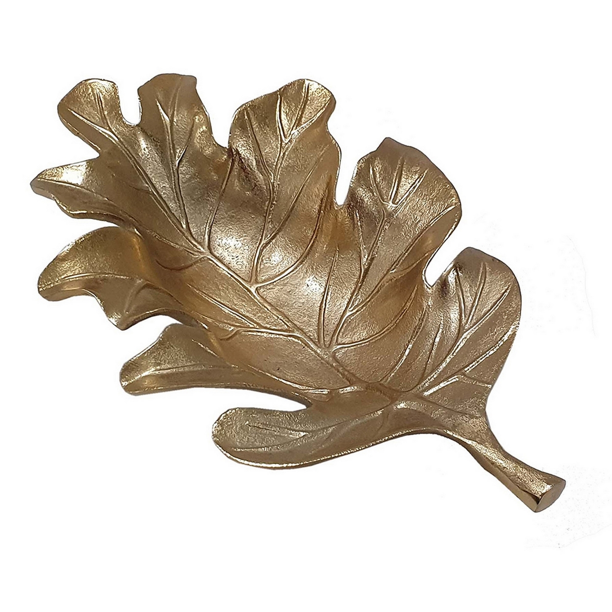 19 Inch Decorative Plate Tray, Oak Leaf Design, Gold Finished Aluminum- Saltoro Sherpi
