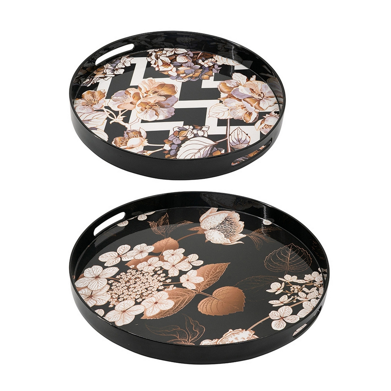2 Piece Modern Decorative Trays, Round Plastic Frame, Floral Motifs, Black- Saltoro Sherpi