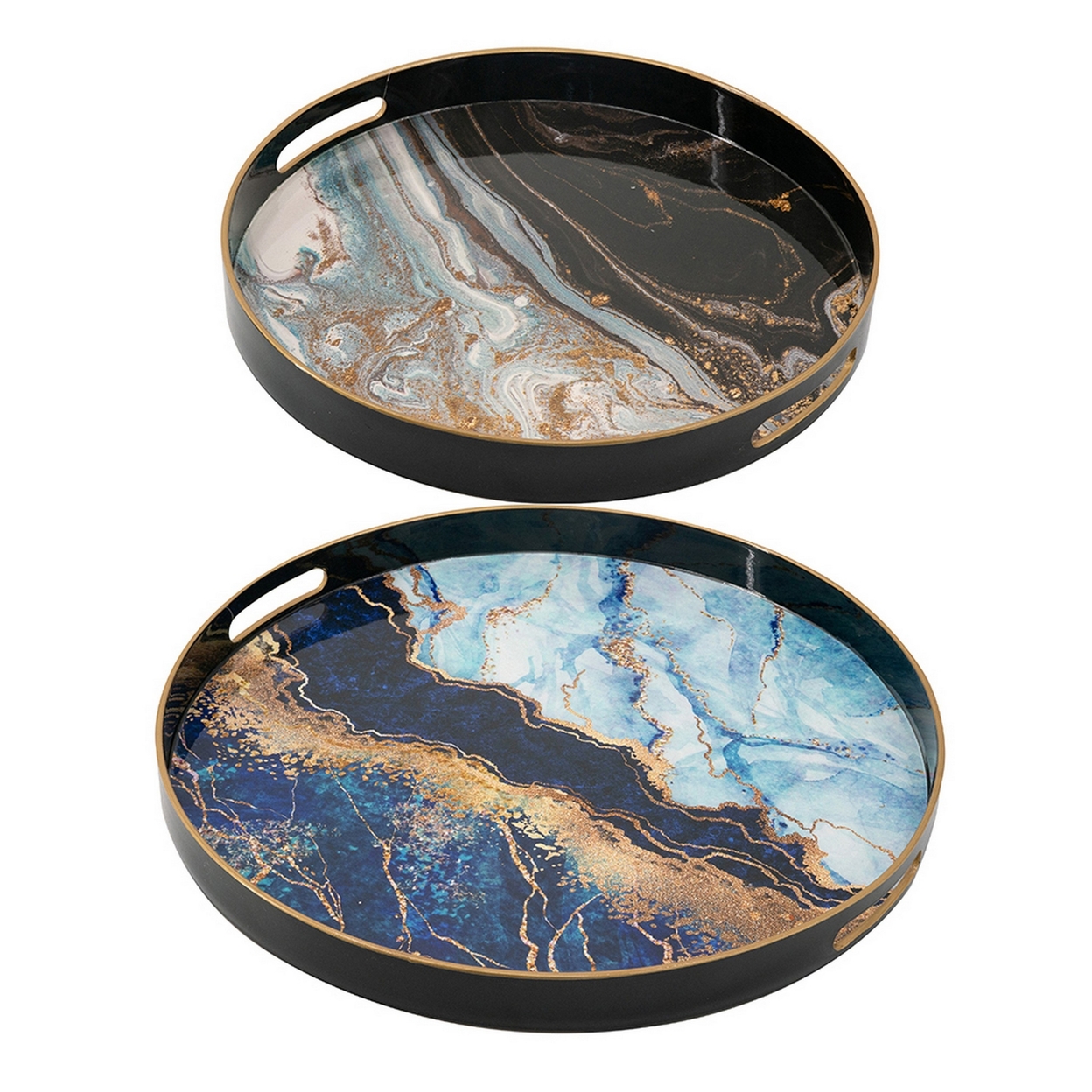 Set Of 2 Round Decorative Trays, Tall Rims, Faux Marble, Blue, Gold- Saltoro Sherpi