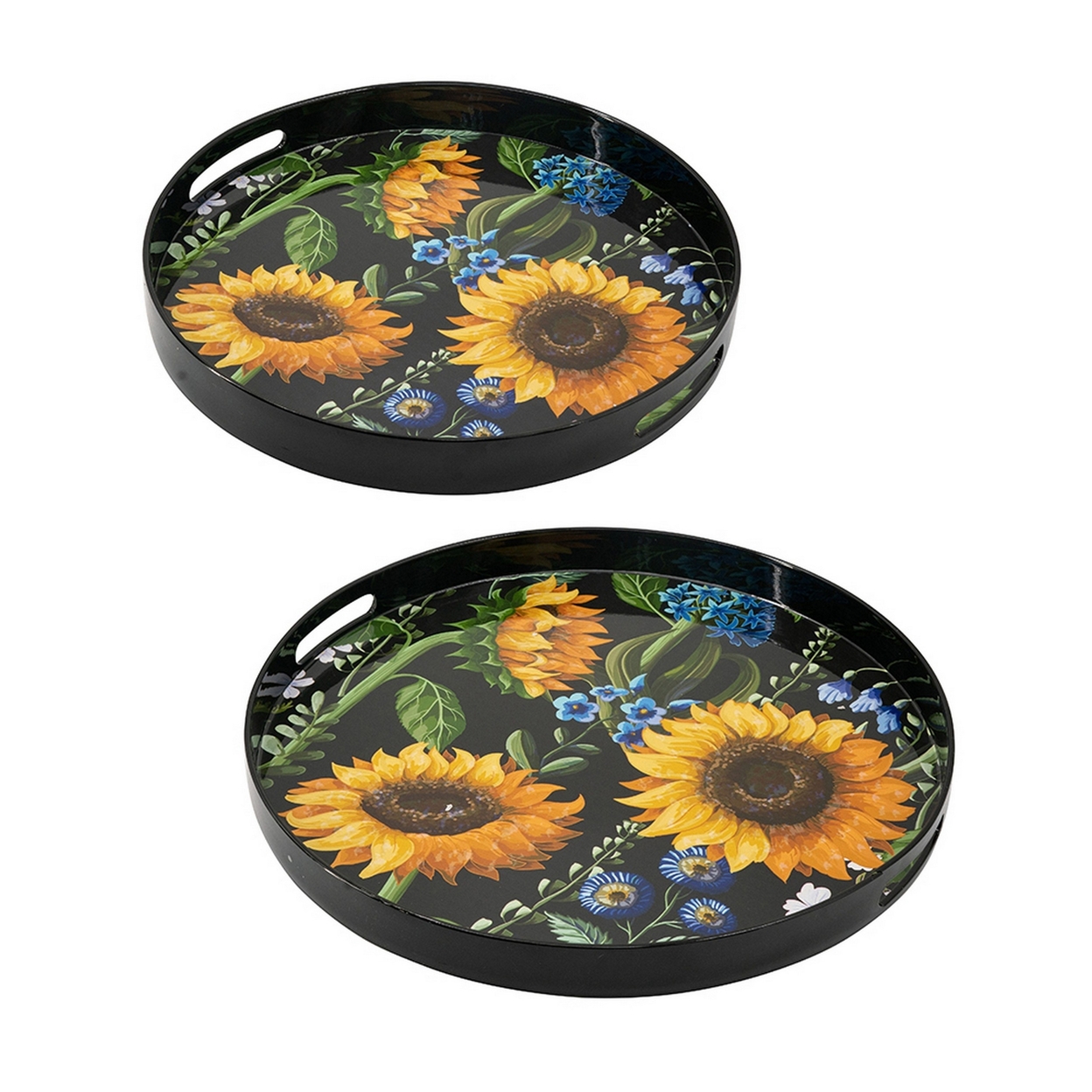 2 Piece Modern Decorative Trays, Round Plastic Frame, Sunflower Motifs - Saltoro Sherpi